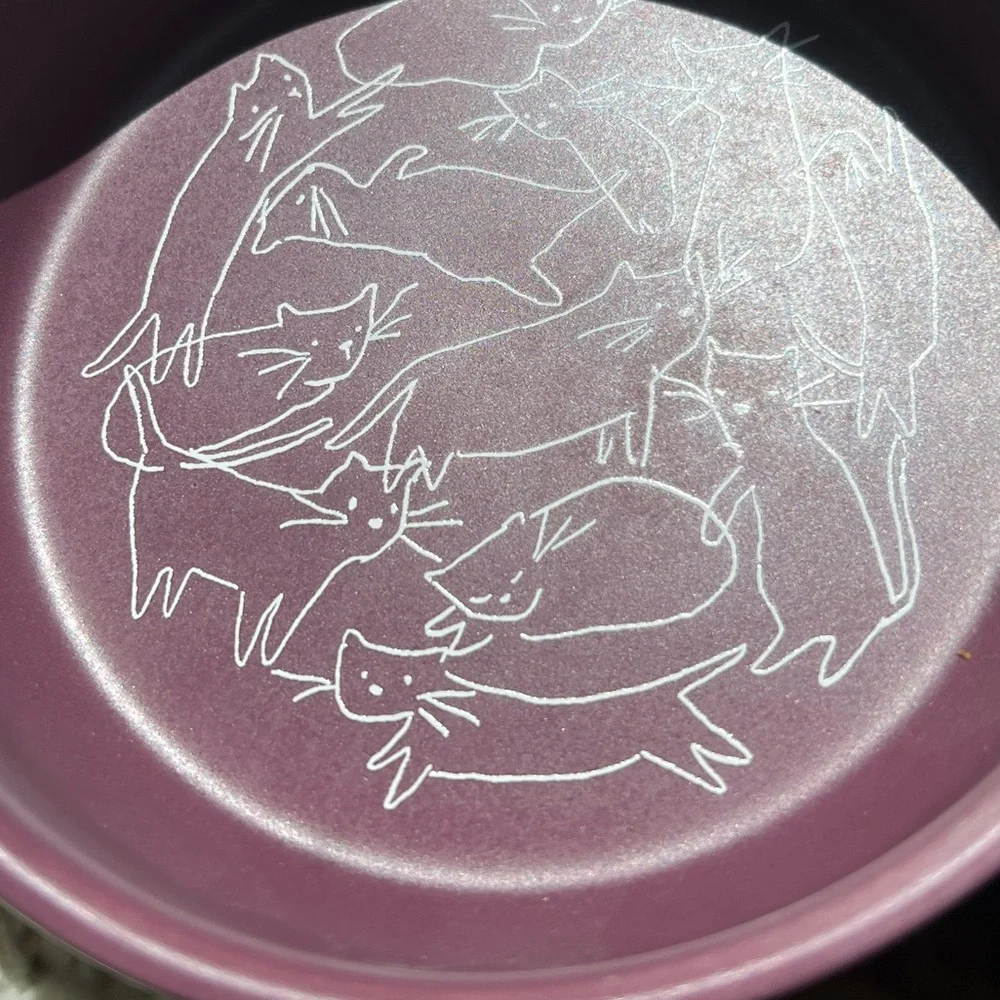 artfully playful cat bowl-exposed colored clay stoneware base w/decal art-NWOT